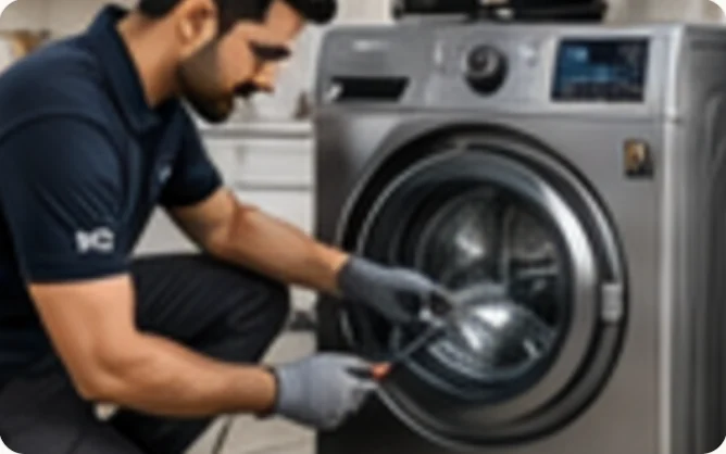 W2 technician servicing a front-load washing machine