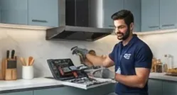 W2 technician cleaning a kitchen chimney in Bengaluru