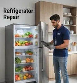W2 technician repairing a refrigerator in Bengaluru